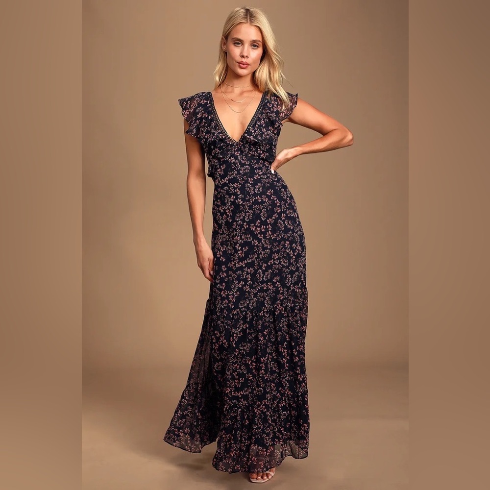 Lulus Darling Daydream Navy Blue Floral Print Ruffled Maxi Dress